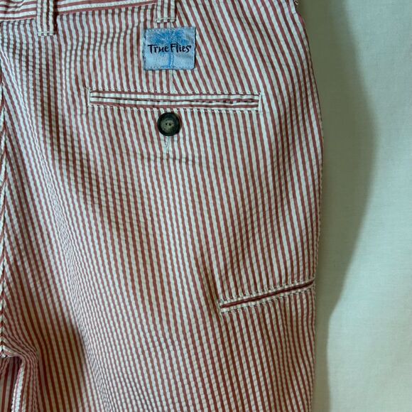 True Flies Red White Striped Seersucker 7.25" Inseam Chino Style Shorts Size 36 - Picture 6 of 15